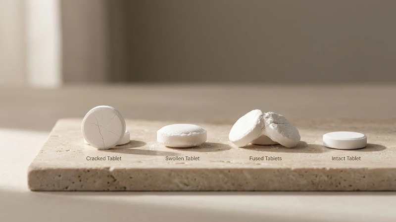 Cracked, swollen and fused cleaning tablets on stone