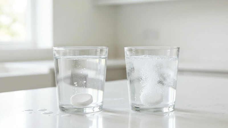 Fizzing vs undissolved cleaning tablet in two glasses