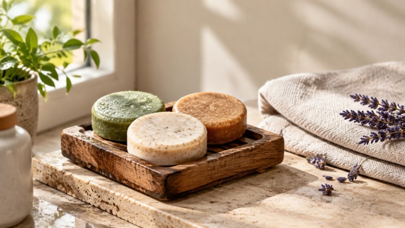 Handmade shampoo bars on wooden soap dish by window Handmade shampoo bars on wooden soap dish by window