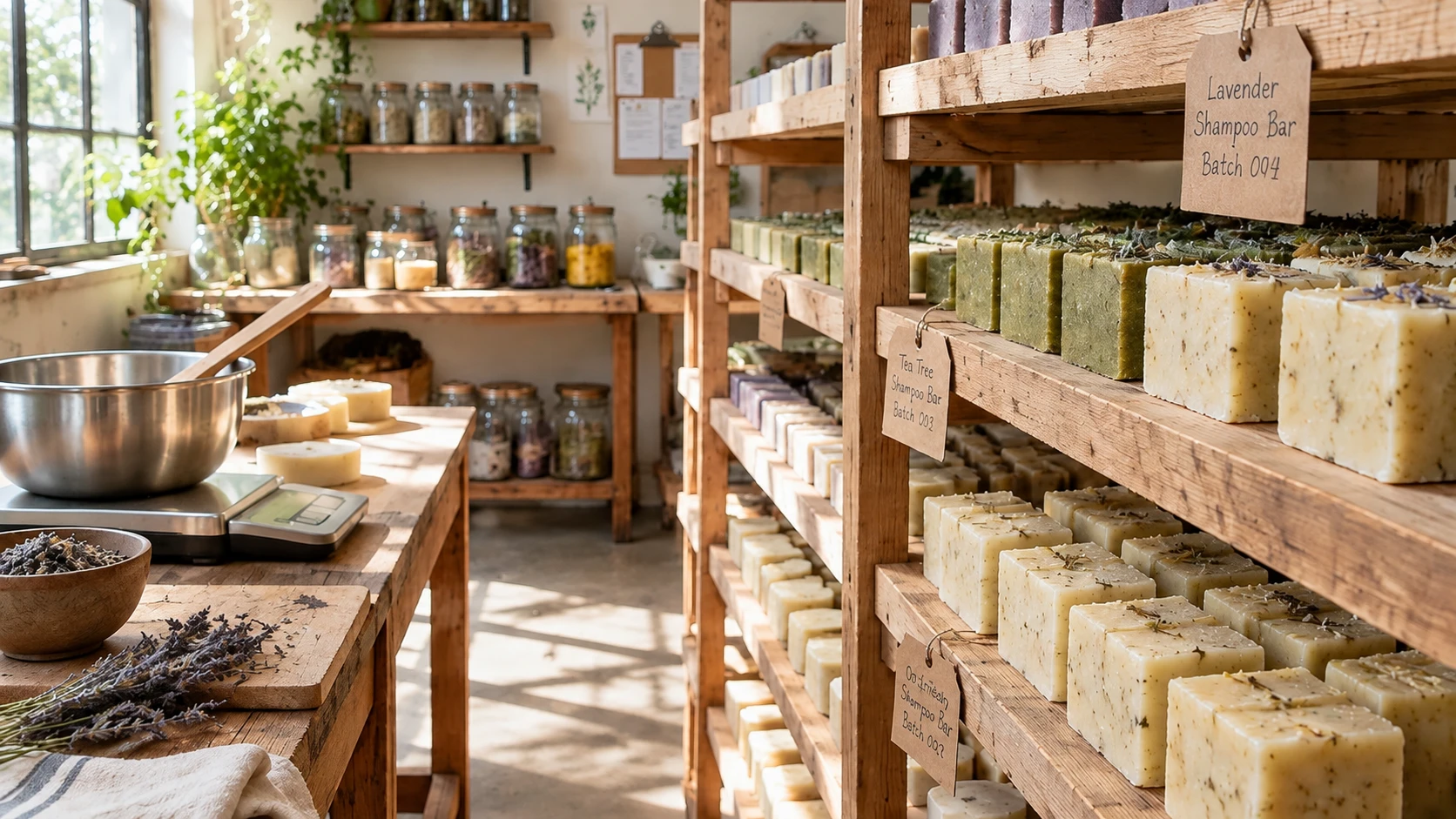 Shampoo bars curing on wooden racks in workshop