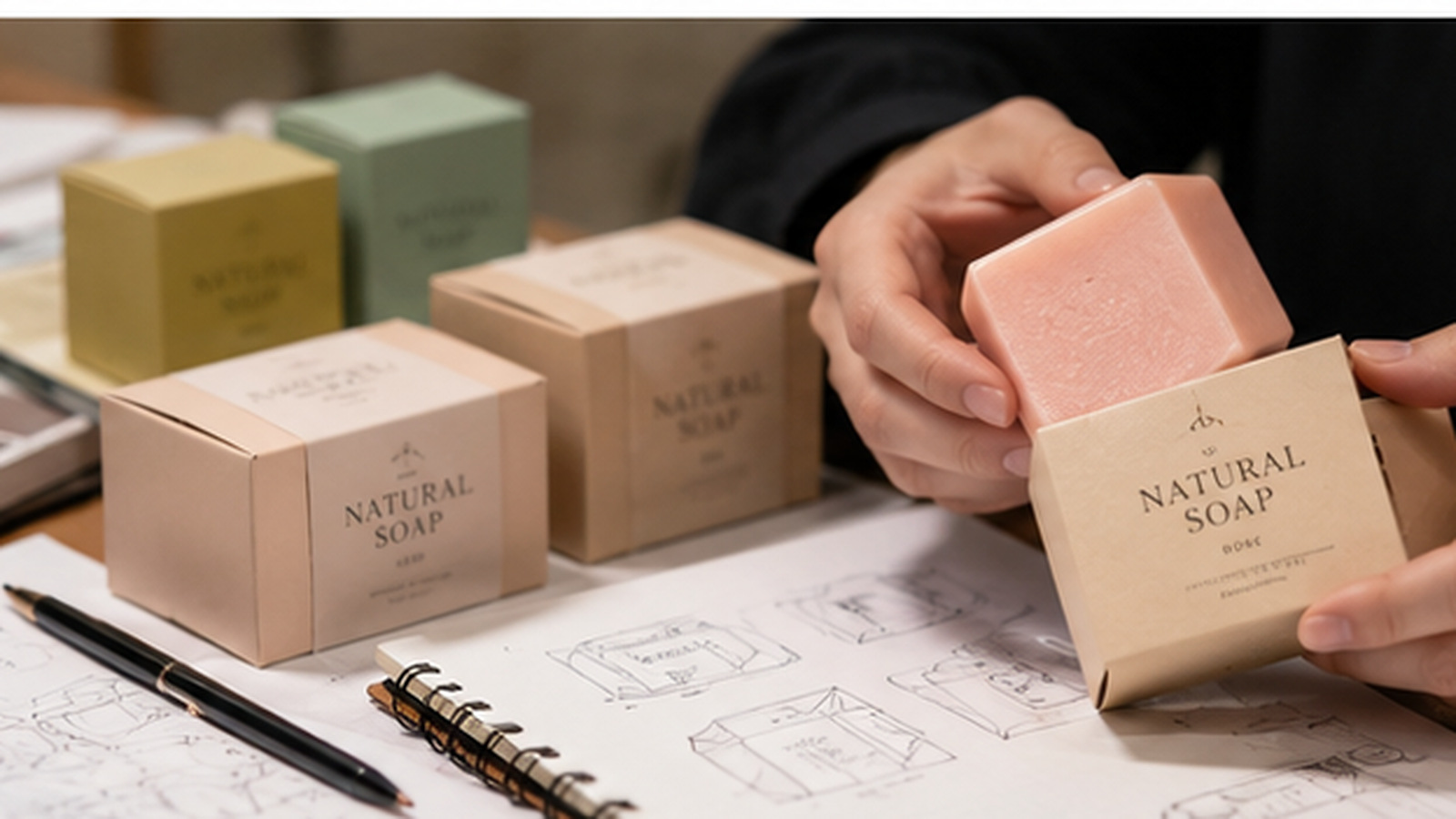 Private label soap packaging samples and carton designs being reviewed on a product development desk.