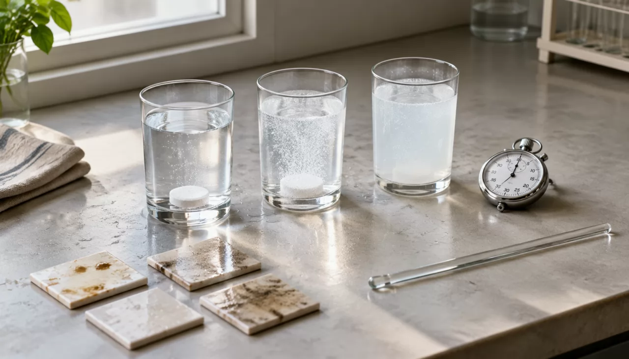 Three glasses with dissolving tablets and stained tiles on a lab bench